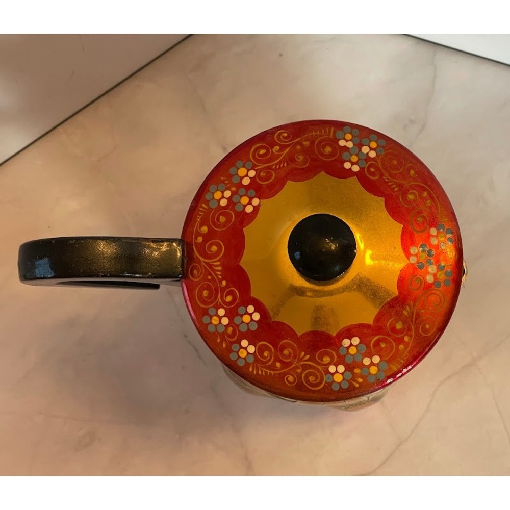Vintage Russian Khokhloma Hand Painted Lacquer Floral Red Gold Jug Pitcher w Lid - Picture 7 of 16